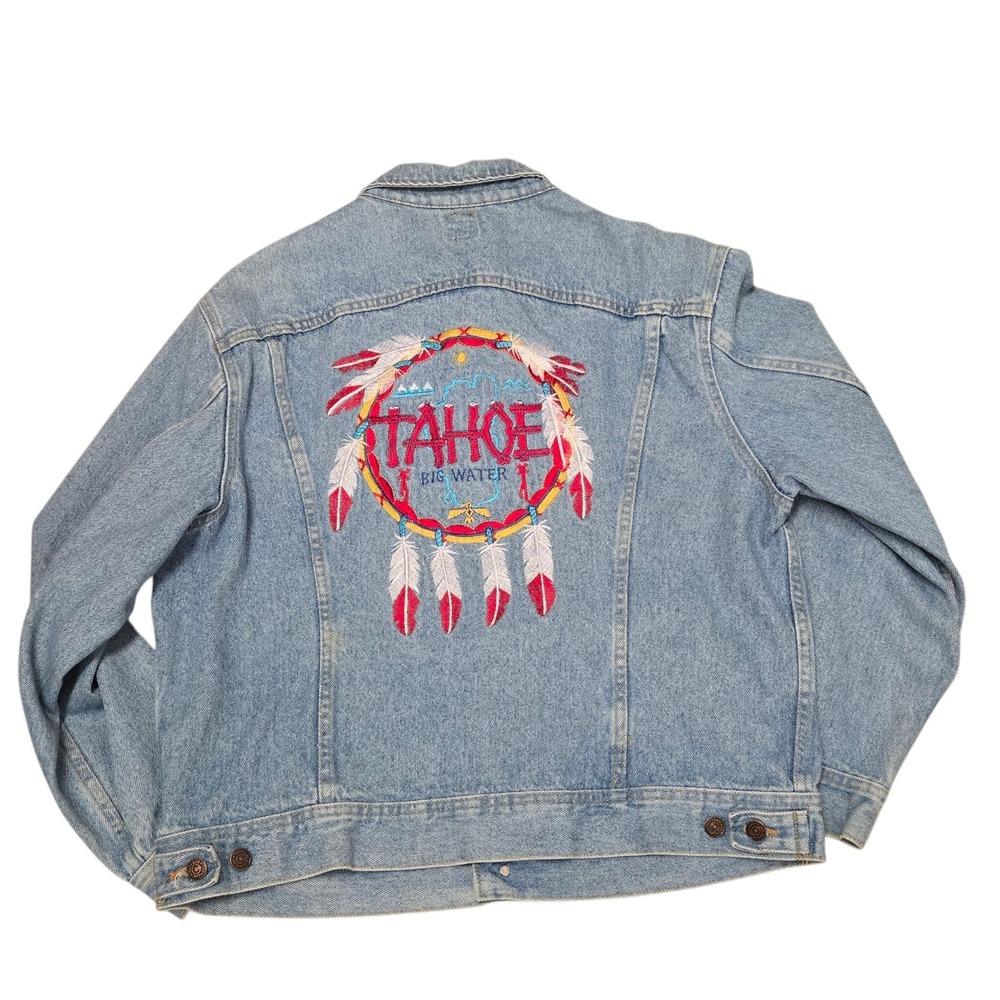 Vtg Lee Denim Trucker Jacket Women's 14 Embroidered Native Dreamcatcher Tahoe